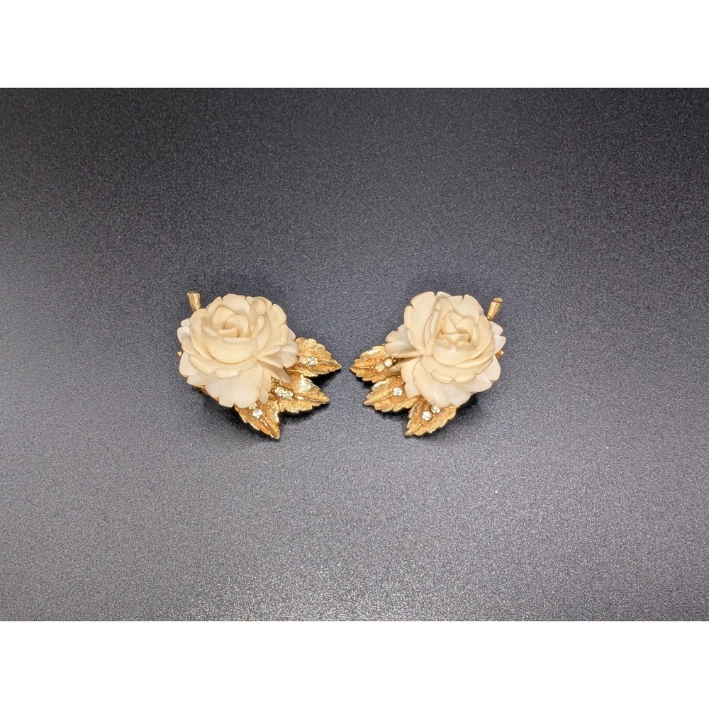 Vintage BSK Celluloid Cream Rose Clip On Earrings Rhinestone Gold Tone MCM